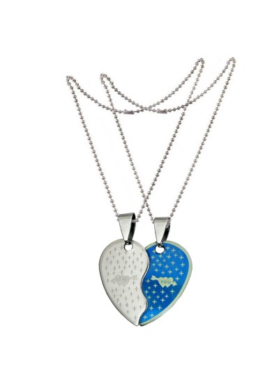 Two Pieces Couple Heart Shape Necklace by Menjewell 